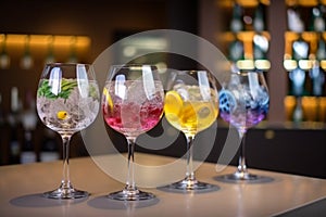 Five colorful gin tonic cocktails in wine glasses on bar counter in pup or restaurant