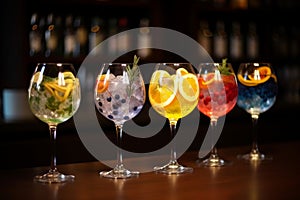 Five colorful gin tonic cocktails in wine glasses on bar counter in pup or restaurant