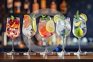 Five colorful gin tonic cocktails in wine glasses on bar counter in pup or restaurant.