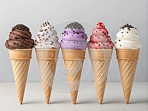 Five Colorful Ice Cream Cones with Toppings