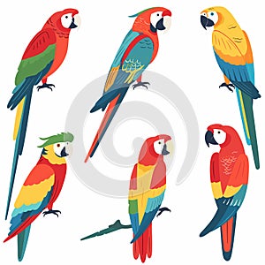 Five colorful parrots illustrated various poses perched looking around. Brightly colored feathers