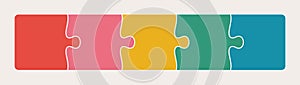 Five connected jigsaw puzzle parts line. Infographic template with matching pieces concept.