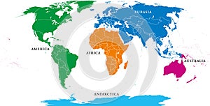 Five continents, political world map, with borders