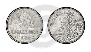 Five cruzeiros coin, year 1980 - Old Coins From Brazil