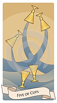 Five of cups. Tarot cards. Three golden cups spilling its contents over a sea or river and two golden cups floating over the waves