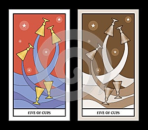 Five of cups. Tarot cards. Three golden cups spilling its contents over a sea or river and two golden cups floating over the waves