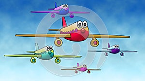 Five Cute Animated Passenger Planes in Flight