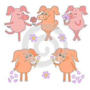 Five cute cartoon piglet stickers Happy and sad pigs with a flower in a hand.