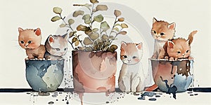 Five cute kittens. Watercolor painting.