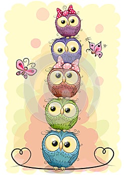 Five cute owls on a yellow background photo