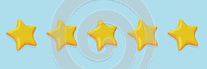 Five cute yellow stars. minimal design rating concept. 3d rendering