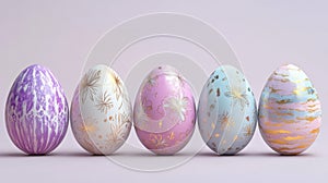 Five Decorated Easter Eggs in a Row on a Light Purple Background
