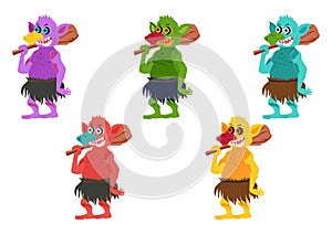 Five different colored Goblins. Set of goblin or troll with hunting tool isolated on white background. Vector illustration of Five