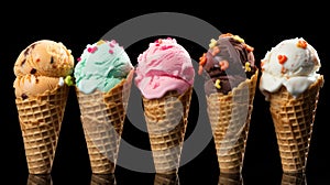 Five different Ice cream scoops on waffle cone in a row isolated on black created with Generative AI