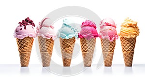 Five different Ice cream scoops on waffle cone in a row. Different flavours isolated on white created with Generative AI