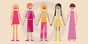 Five different woman stand together and holding hands - vector paper cut effect illustration.