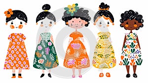 Five diverse illustrated girls wearing colorful floral dresses unique hairstyles stand side side