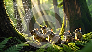 Five Eastern Chipmunks in a Sunlit Forest