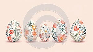 Five eggs with watercolor floral patterns, soft gradient background