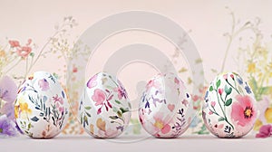 Five eggs with watercolor floral patterns, soft gradient background