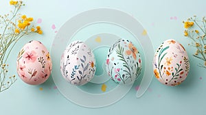 Five eggs with watercolor floral patterns, soft gradient background