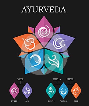 The Five elements of Ayurveda flower chart with ether, water, air, fire and earth abstract line icon sign in petals shape vector