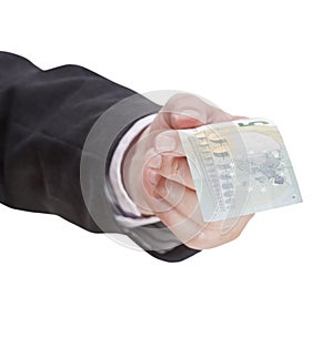 Five euro banknote in male hand