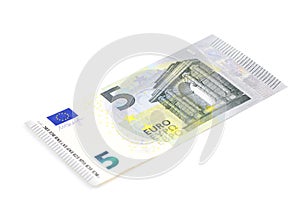 Five euro banknote on white background