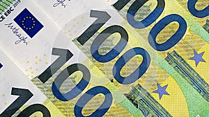 Five 100 euro bills, close-up. Cash banknotes of one hundred euros. The single currency of the European Union. Background of money