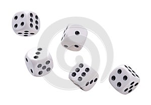 five falling game dice isolated on white background