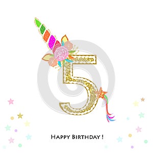 Five. Fifth birthday. Colorful unicorn birthday invitation. Baby shower, party invitation greeting card