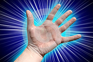 Five fingers - human hand, abstract blue background