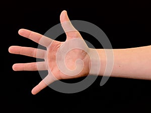 Five fingers of the palm and wrists. Hand of a man with open fingers on a black background