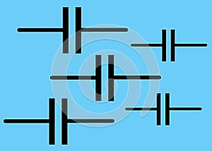 Five fixed capacitor electrical symbols against a light blue turquoise backdrop