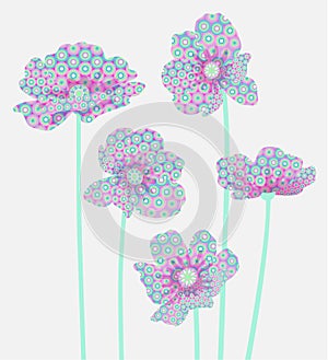 Five flowers with an abstract pattern on the petals