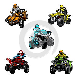 Five full-color quad bikes from different angles, isolated background photo