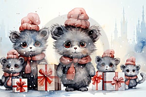 Five funny kittens with gifts in their hands. Christmas greeting card