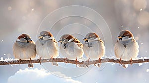 Five funny little birds sparrows sitting on a branch in winter