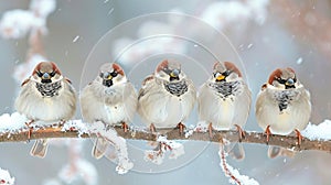 Five funny little birds sparrows sitting on a branch in winter.