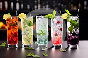 Five gin tonic cocktails in wine glasses on bar counter in pup or restaurant. Assortment of Colorful Brunch Cocktails, Including