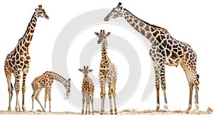 Five giraffes, including two calves, stand on sand against a white background, with one grazing