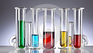Five glass beakers filled with different colored liquids