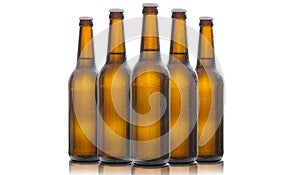 Five glass beer bottles isolated on white background
