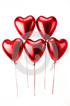 Five glossy red heart-shaped balloons on a white background. Suitable for Valentine's Day and Mother's Day