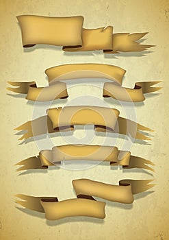 Five gold banners with realistic shadows in the old style.vector llustration