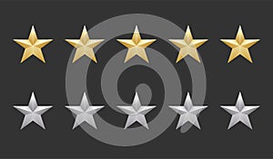 Five gold and silver shape stars quality icon on a dark background. 5 gradient rating stars. EPS 10 vector rank illustration