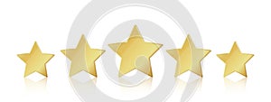 Five gold stars. 5 star rating realistic leadership symbol. Glossy yellow metallic winner champion rating. Vector