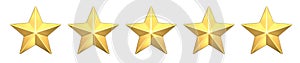 Five gold stars customer icon for product rating review. 3d rendering of 5 golden stars for website and mobile