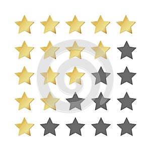 Five gold stars rating. 5 star realistic leadership symbol. Glossy yellow winner champion rating. Vector illustration