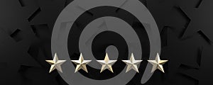 Five gold stars rating black background. 3d render